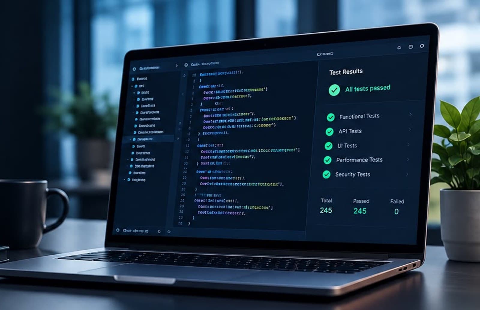 Laptop showing a passing automated test run on a desk