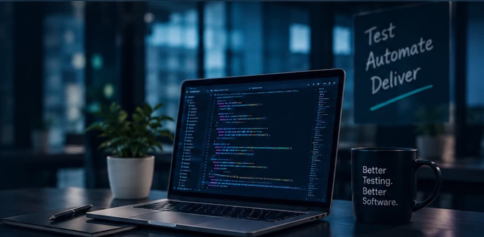 Laptop with code on a desk next to a whiteboard reading Test, Automate, Deliver