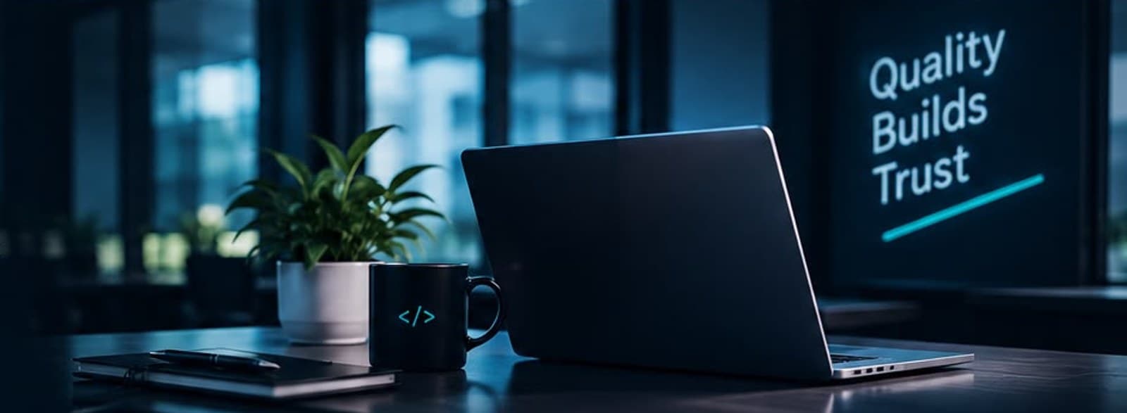 Desk with a laptop, plant, and coffee mug in an office